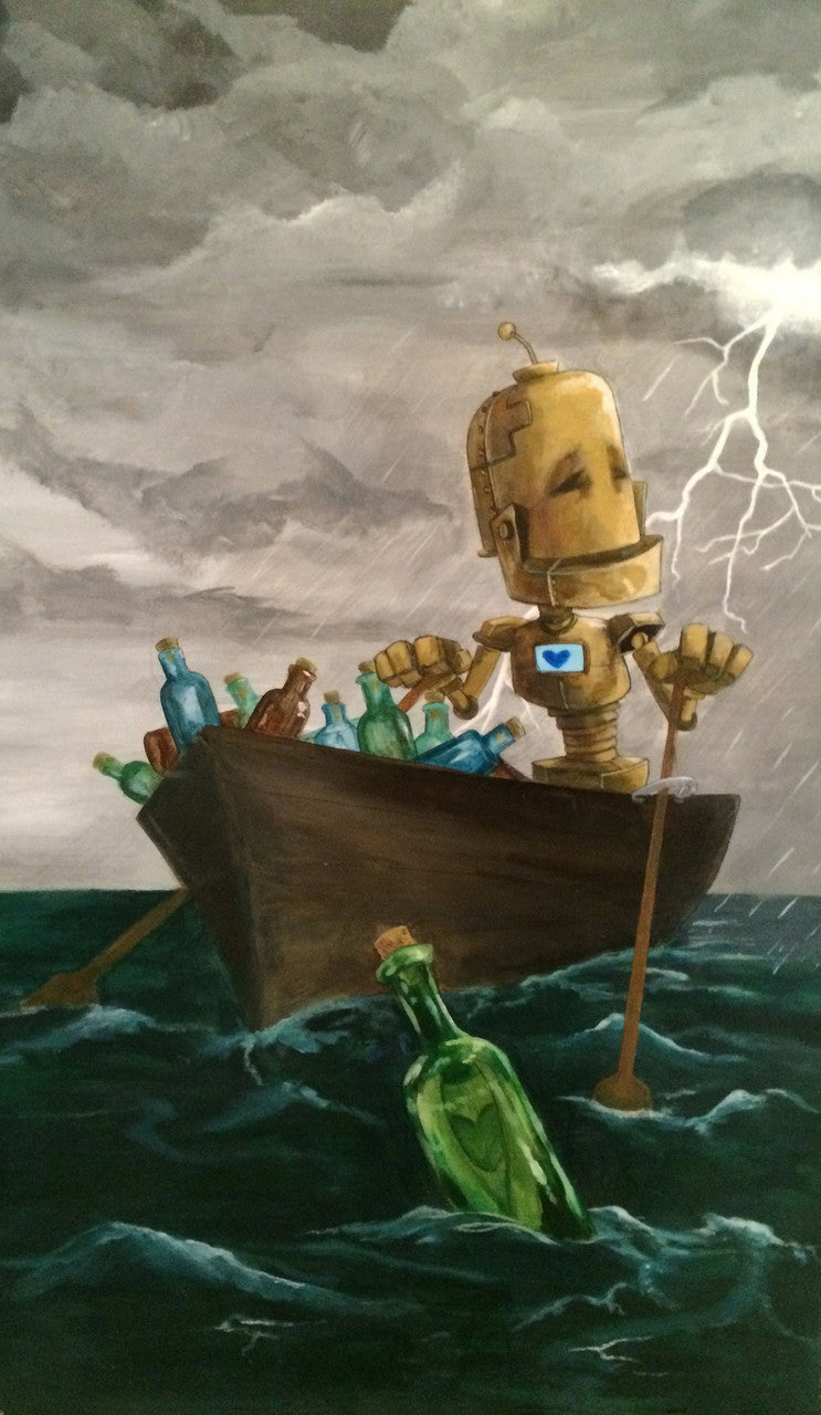 Message in a Bottle Bot -Robots in Rowboats by Lauren Briere + Paper Print