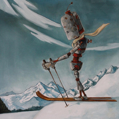 Ski Bot - Robots in Rowboats by Lauren Briere + Print on Wood Panel