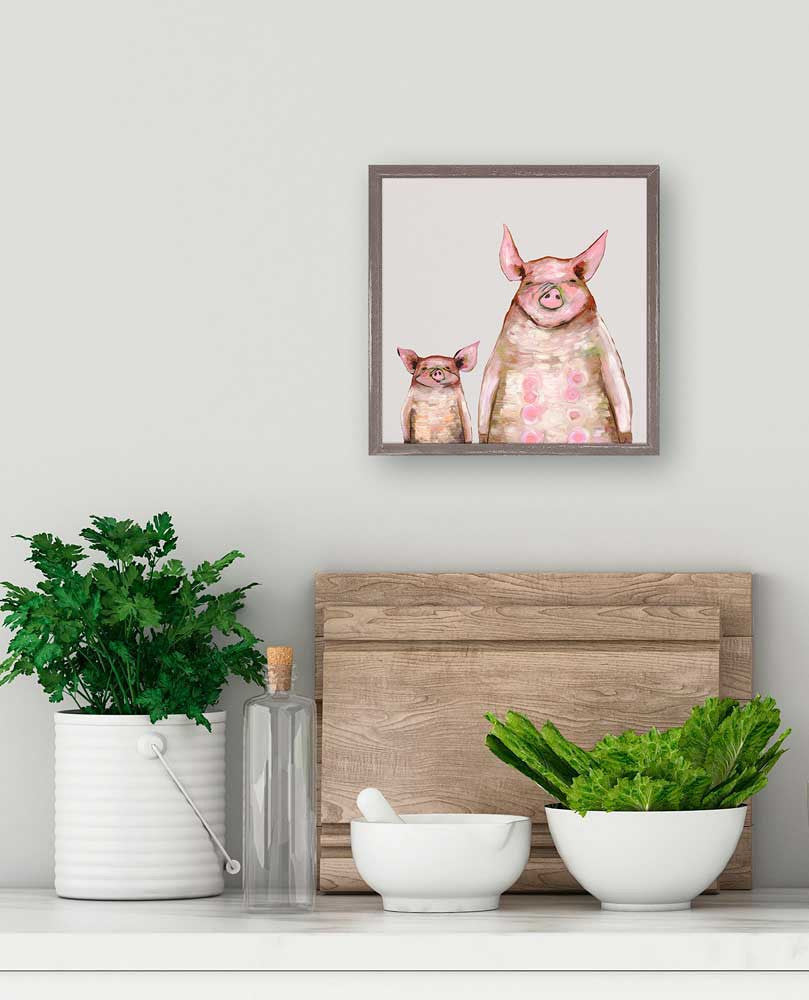 Two Piggies in a Row - Soft Grey - Mini Framed Canvas Print by Eli Halpin