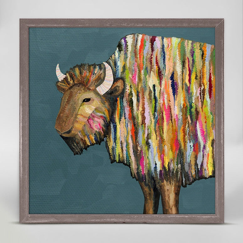 Bison on Blue Mini Framed Canvas Print by Eli Halpin