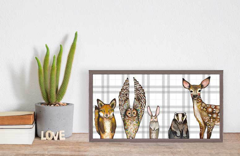 Forest Animals on Plaid Mini Framed Canvas Print by Eli Halpin