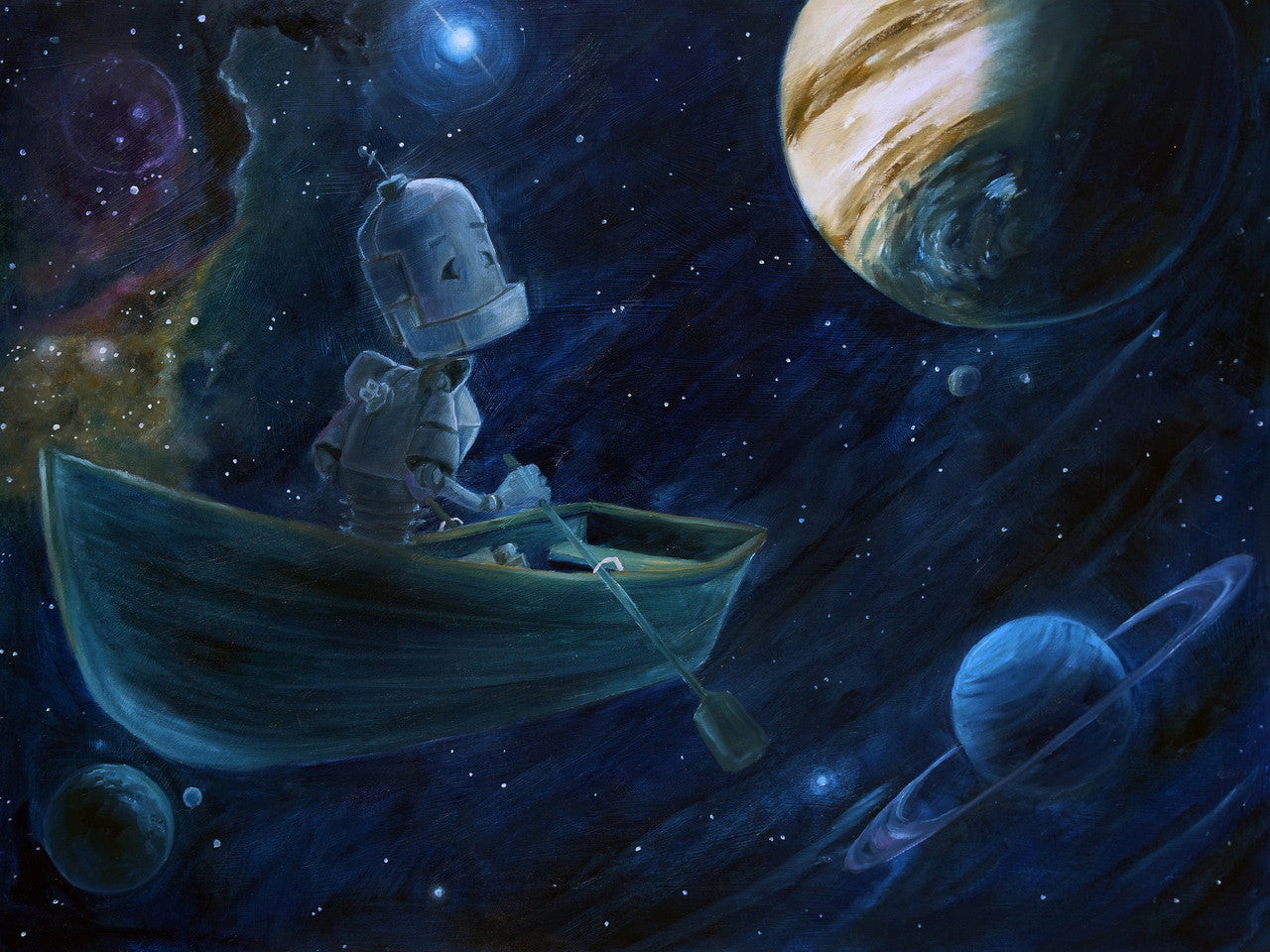 Space Bot - Robots in Rowboats by Lauren Briere + Print on  Wood "Brick"