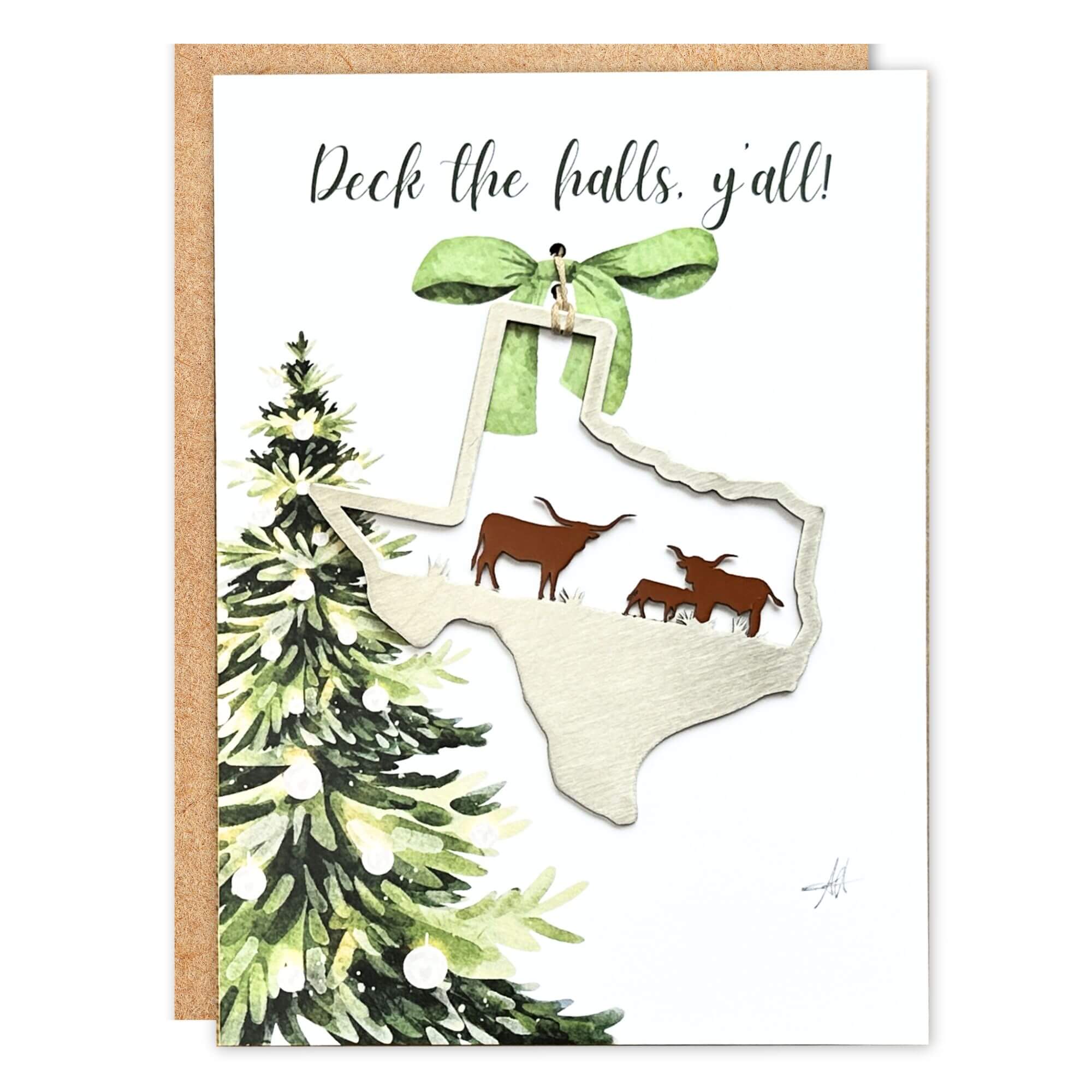 Deck the Halls Y'all Card and Texas Longhorn Ornament by Authenticaa