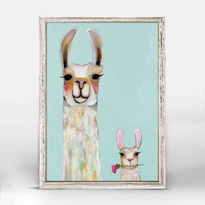 Llama Mama and Baby Mini Framed Canvas Print in Soft Aqua by Eli Halpin