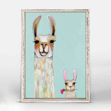 Llama Mama and Baby Mini Framed Canvas Print in Soft Aqua by Eli Halpin