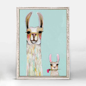 Llama Mama and Baby Mini Framed Canvas Print in Soft Aqua by Eli Halpin