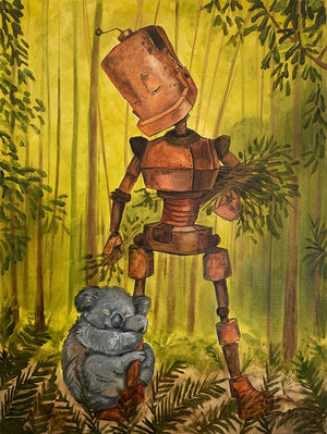 Koala Bot -Robots in Rowboats by Lauren Briere + Print on  Wood "Brick"