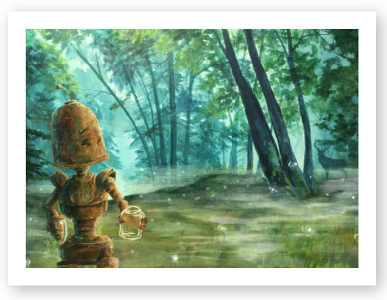 Misty Forest Bot -Robots in Rowboats by Lauren Briere + Paper Print