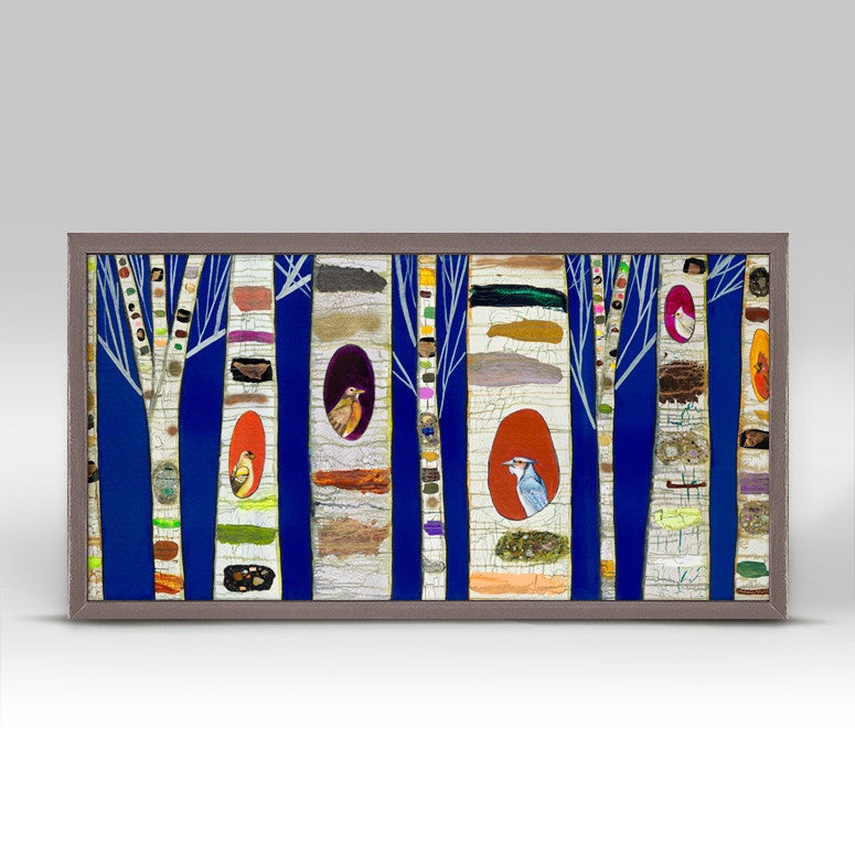 Birch Trees with Wild Birds Cobalt Mini Framed Canvas Print by Eli Halpin