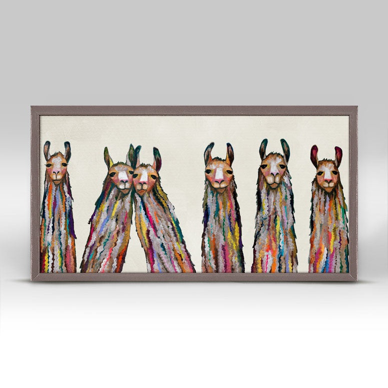 Six Lively Llamas on cream by Eli Halpin - Austin Tx Artist. 
Mini Framed Canvas Print