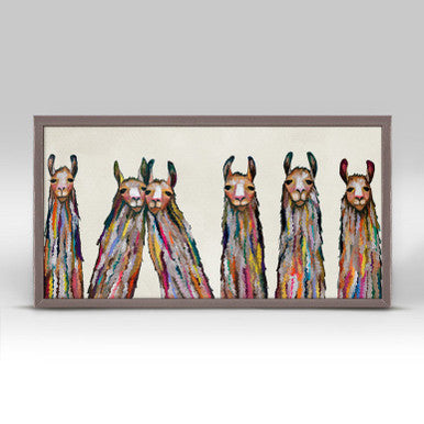 Six Lively Llamas on Cream Mini Framed Canvas Print by Eli Halpin