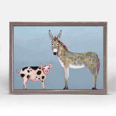 Donkey & Pig Tails Mini Framed Canvas Print in Sky Blue by Eli Halpin