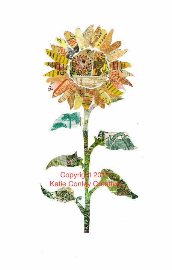 Sunflower - Postage Stamp Collage Print by Katie Conley