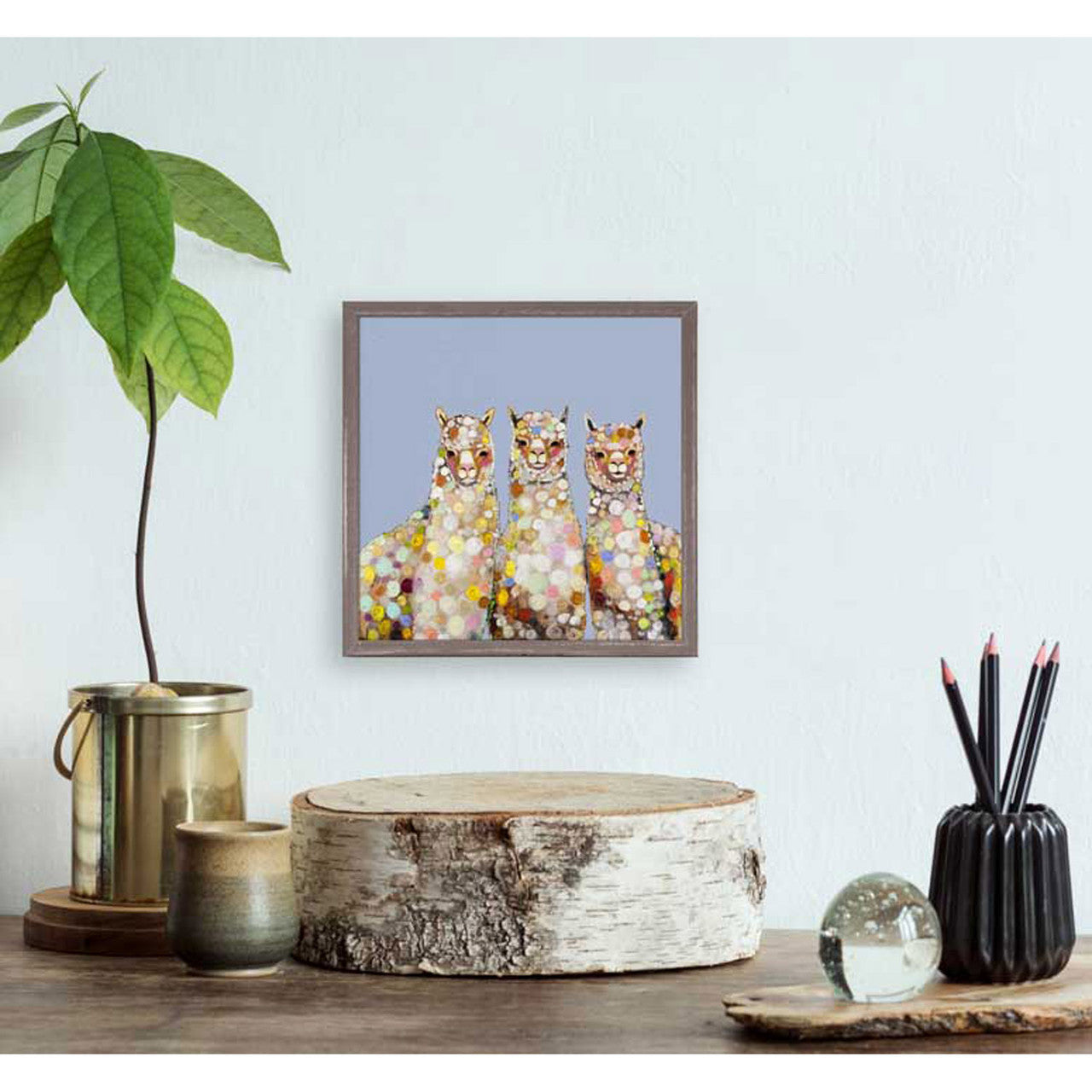 A beautiful alpaca trio created by Eli Halpin. Eli's collection of animal wall art draws the eye like no other. Group these with other Halpin animal art for an unrivaled feature wall.
