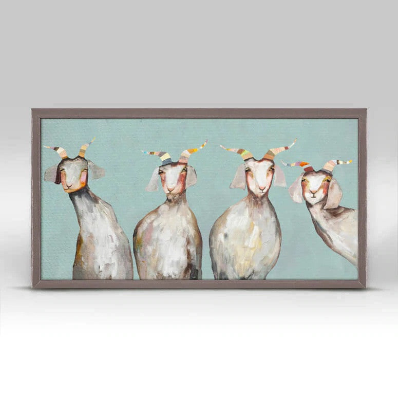 4 Goats on Soft Blue Mini Framed Canvas Print by Eli Halpin