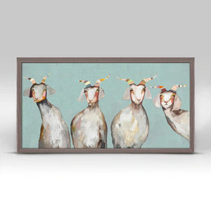 4 Goats on Soft Blue Mini Framed Canvas Print by Eli Halpin