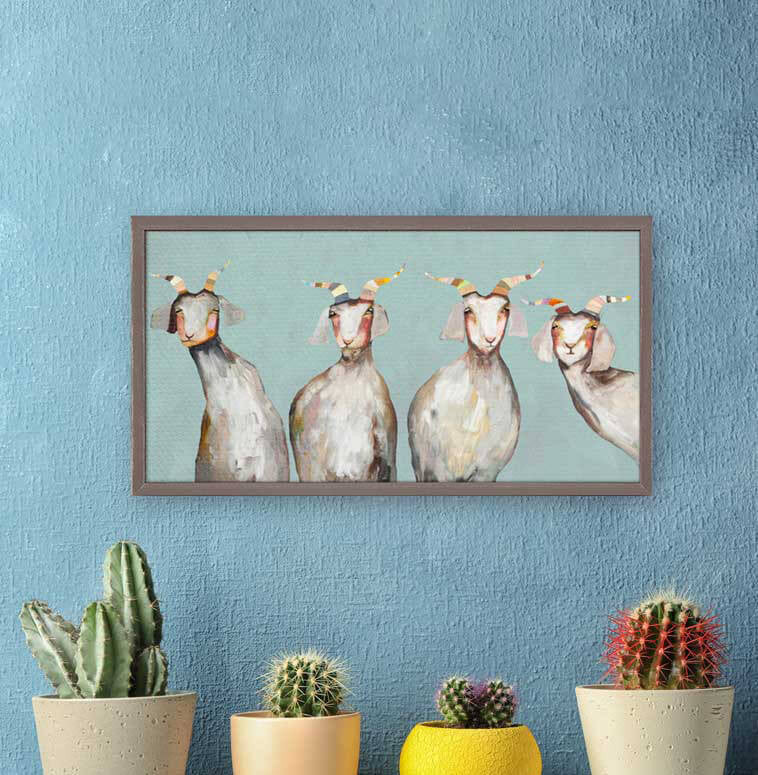 4 Goats on Soft Blue Mini Framed Canvas Print by Eli Halpin