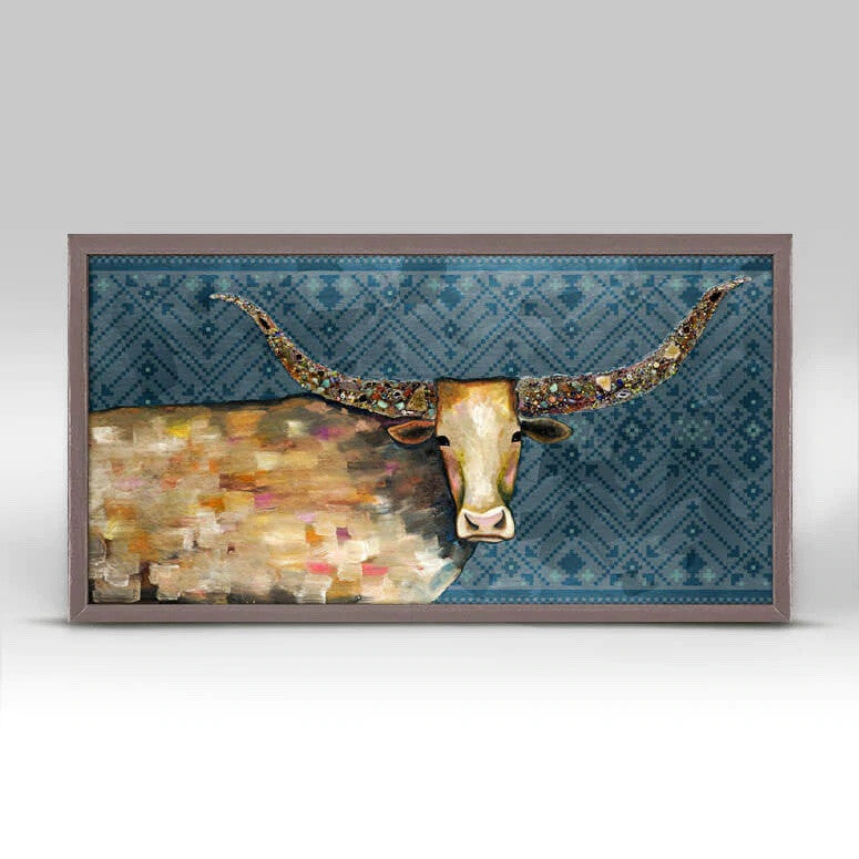 Longhorn Tribal Blue Mini Framed Canvas Print by Eli Halpin