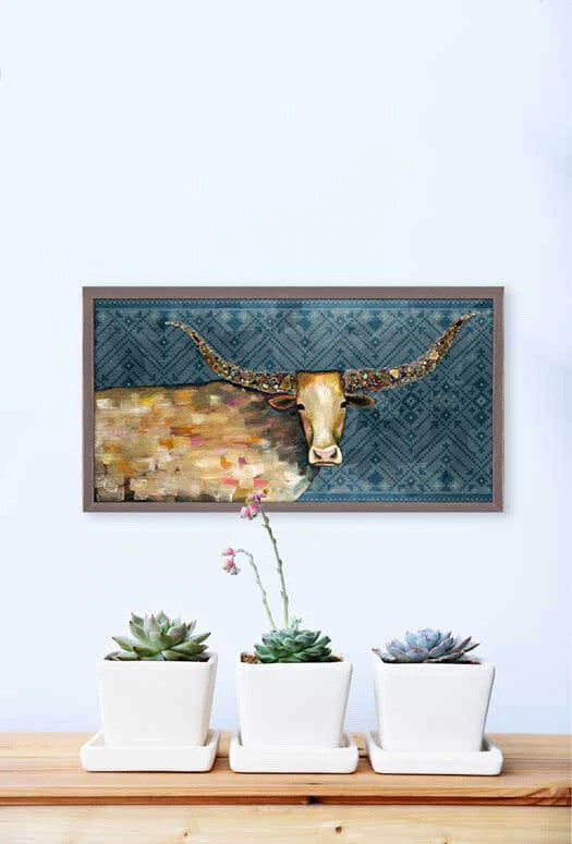 Longhorn Tribal Blue Mini Framed Canvas Print by Eli Halpin