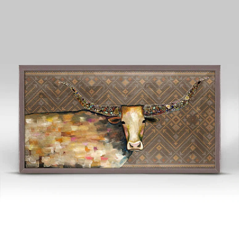 A trendy and contemporary longhorn stands out on this animal art by Eli Halpin. Miniature versions of our signature canvas wall art are each framed with a rustic wood finish. These can be collected individually, or in a curated series to create a custom gallery wall.