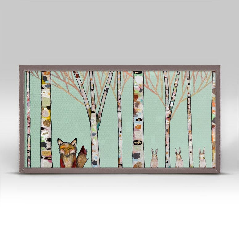 Fox and Rabbits on Mint Mini Framed Canvas Print by Eli Halpin