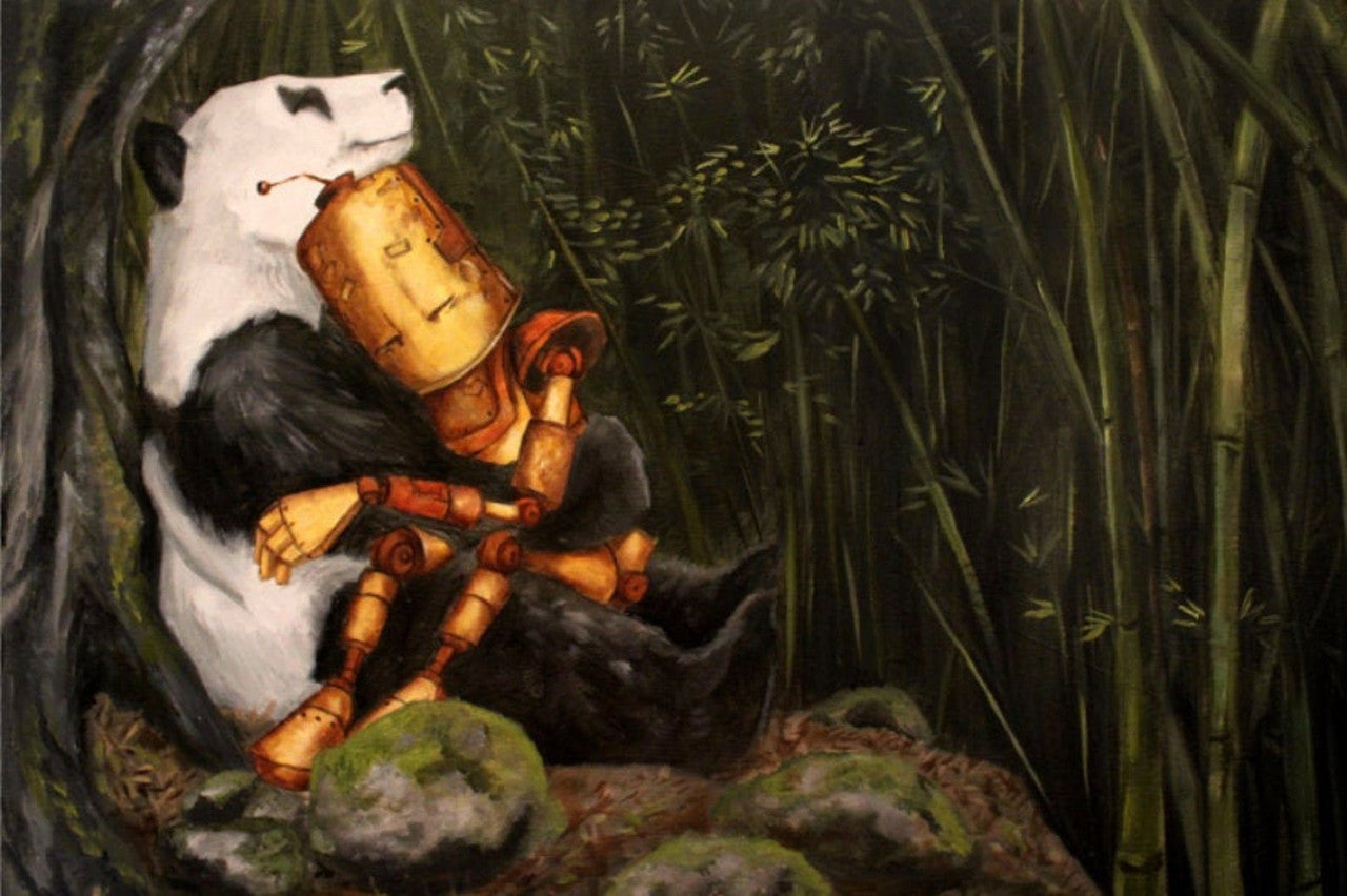 Panda Bot -- Robots in Rowboats by Lauren Briere + Print on Wood "Brick"