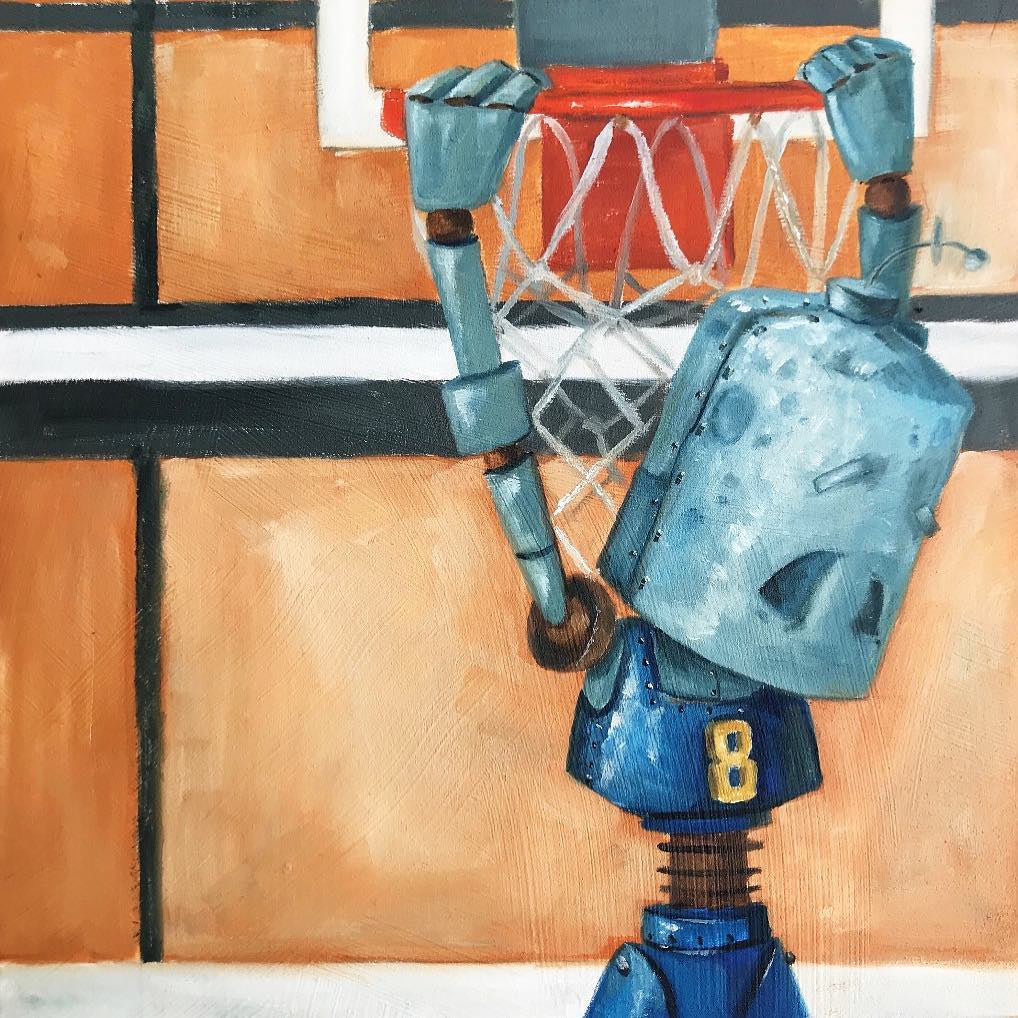 Why robots?!
"A series of oil paintings about sweet n' sad robots who experience the world in a way we take for granted" -Lauren Briere.