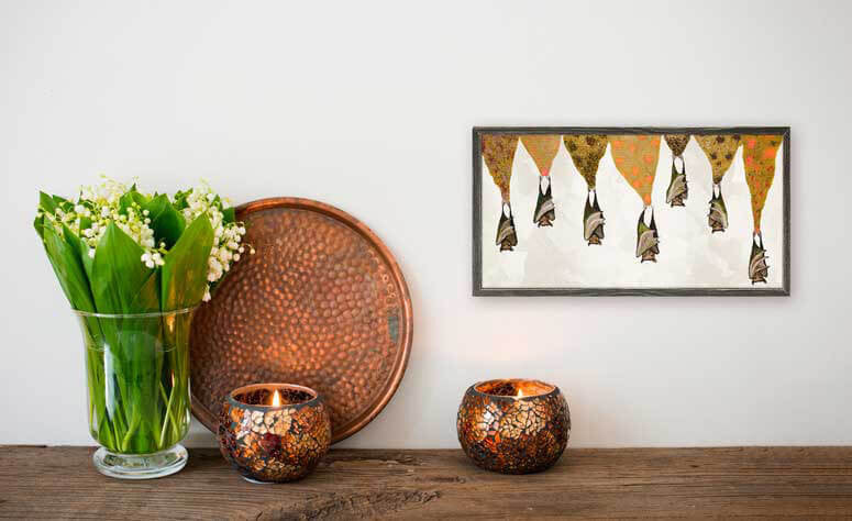 Bats on Sparkly Stalactites - Cream Mini Framed Canvas Print by Eli Halpin + Rustic Natural Frame