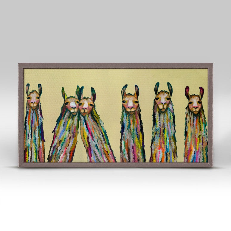 Six Lively Llamas by Eli Halpin - Austin Tx Artist! Mini Framed Canvas Print !