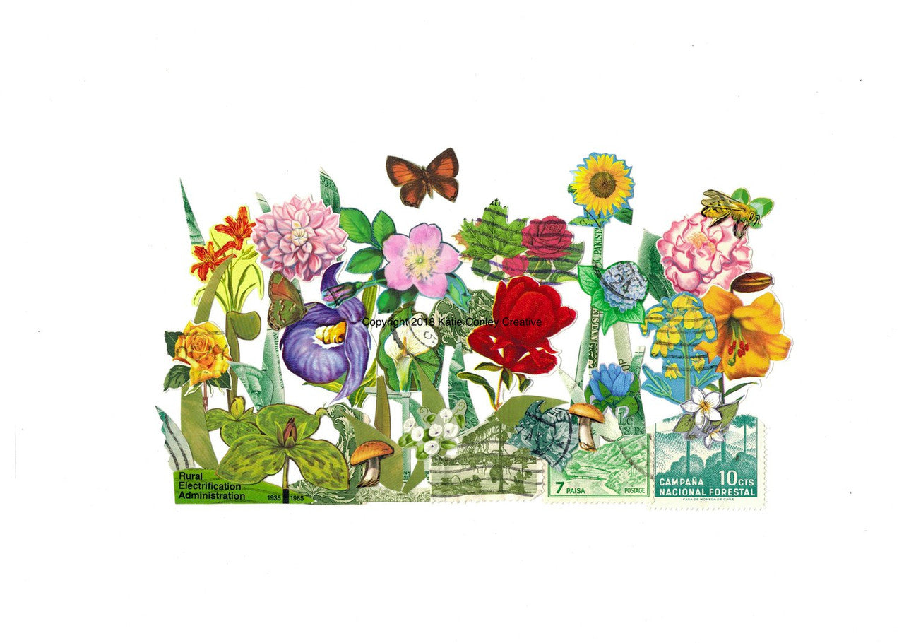 Flower Garden Postage Stamp Collage Print + 11"x14" by Katie Conley