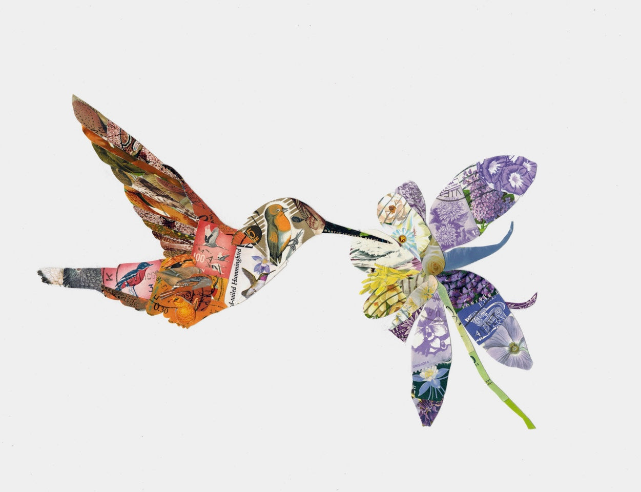 Hummingbird & Columbine - Postage Stamp Collage Print by Katie Conley