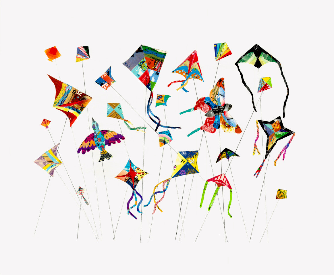 Kite Festival Postage Stamp Collage Print by Katie Conley + 11"x14"