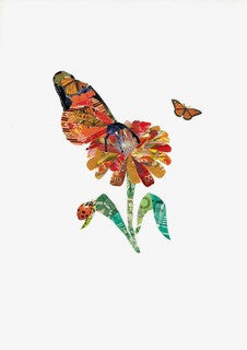 Monarch and Zinnia Postage Stamp Collage Print + 11"x14" by Katie Conley