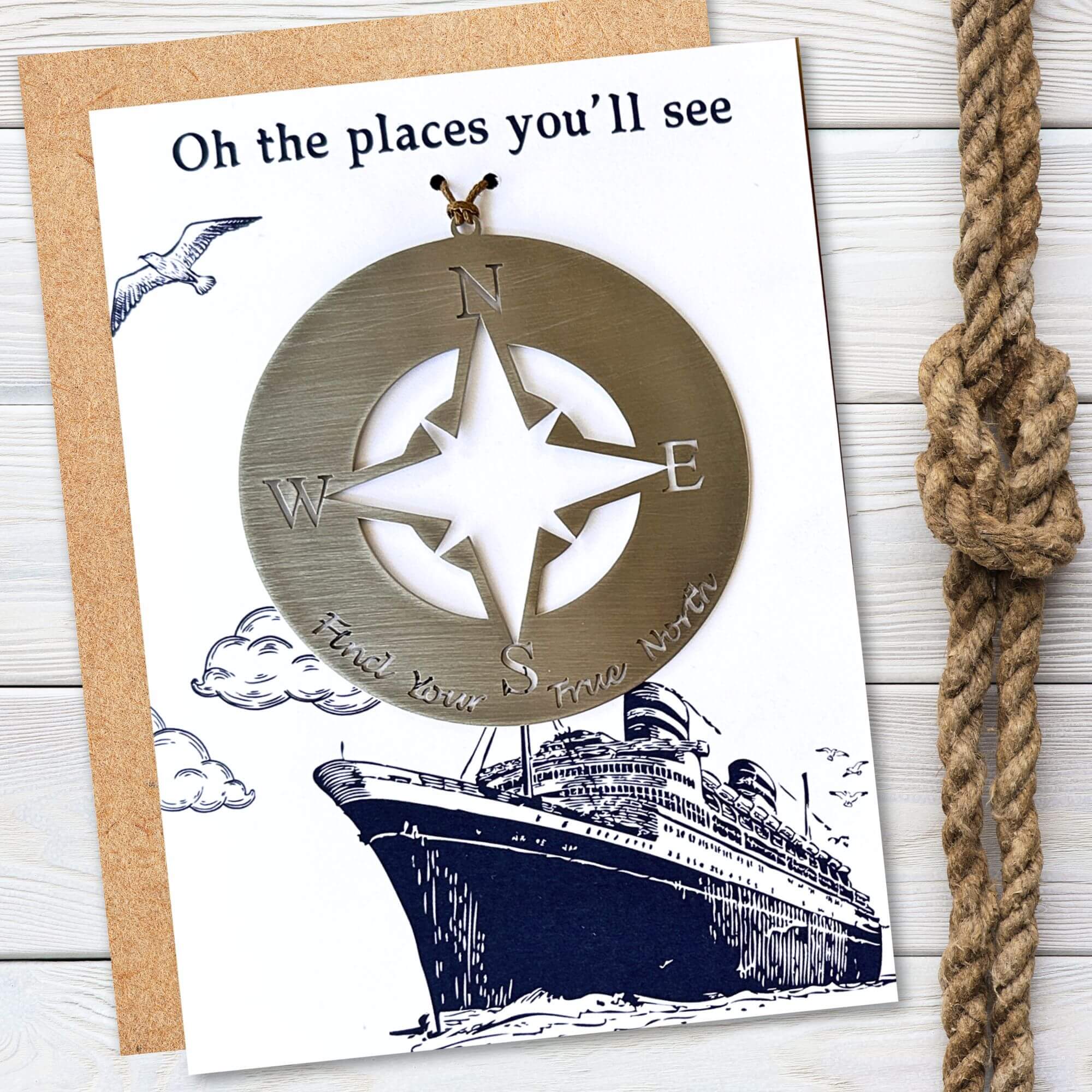 Oh the Places You'll See Card with Compass Rose Ornament by Authenticaa