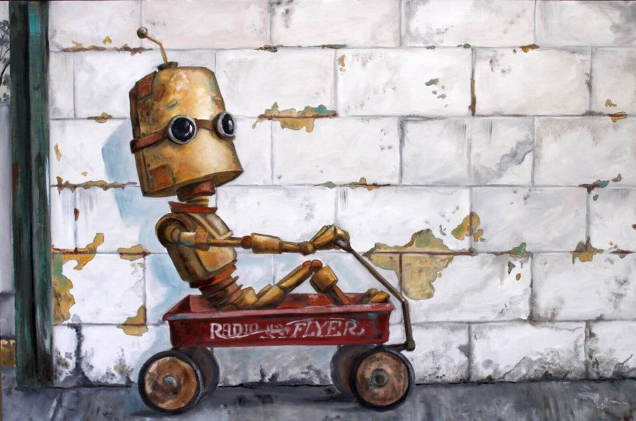 Flyer Bot - Robots in Rowboats by Lauren Briere + Print on Wood "Brick"