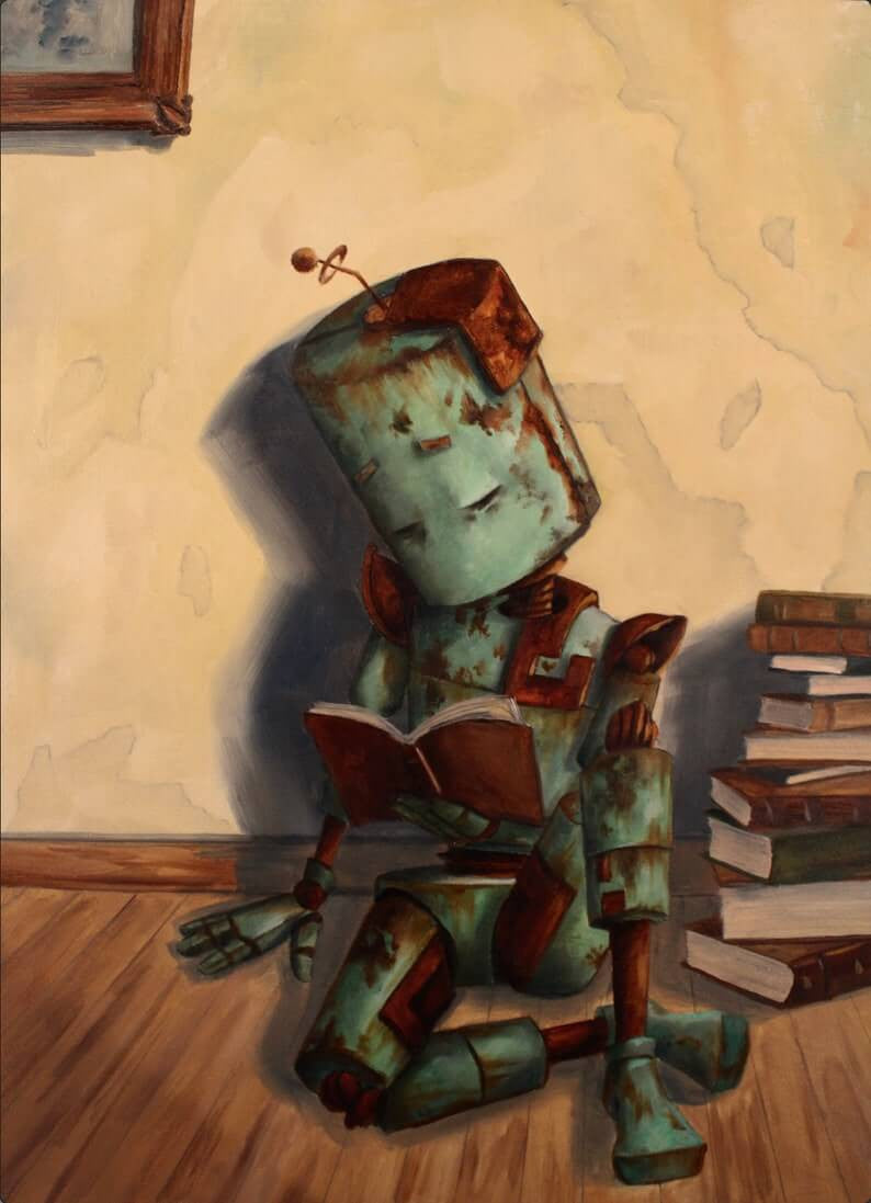 Books Bot - Robots in Rowboats by Lauren Briere + Print on Wood "Brick"