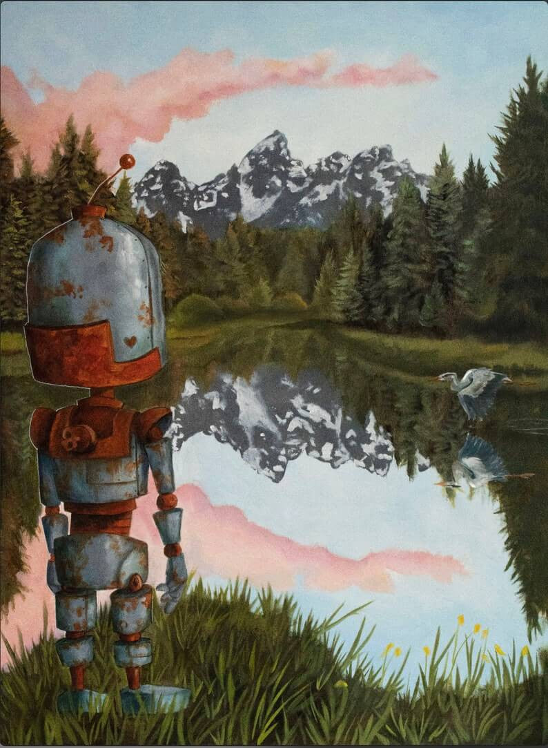 Nature Bot - Robots in Rowboats by Lauren Briere + Print on Wood "Brick"