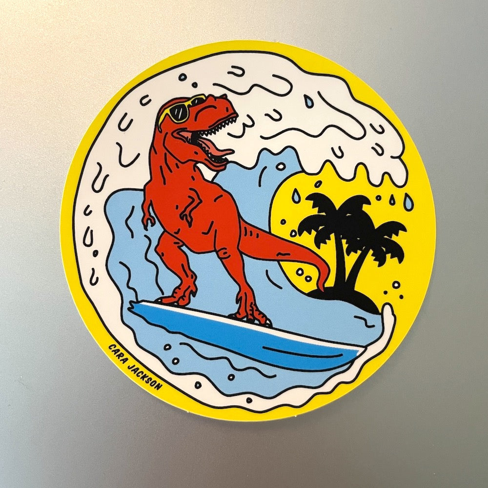 Surfing Dino Sticker by Cara Jackson