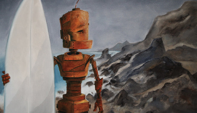 Surf Bot - Robots in Rowboats by Lauren Briere + Print on Wood "Brick"